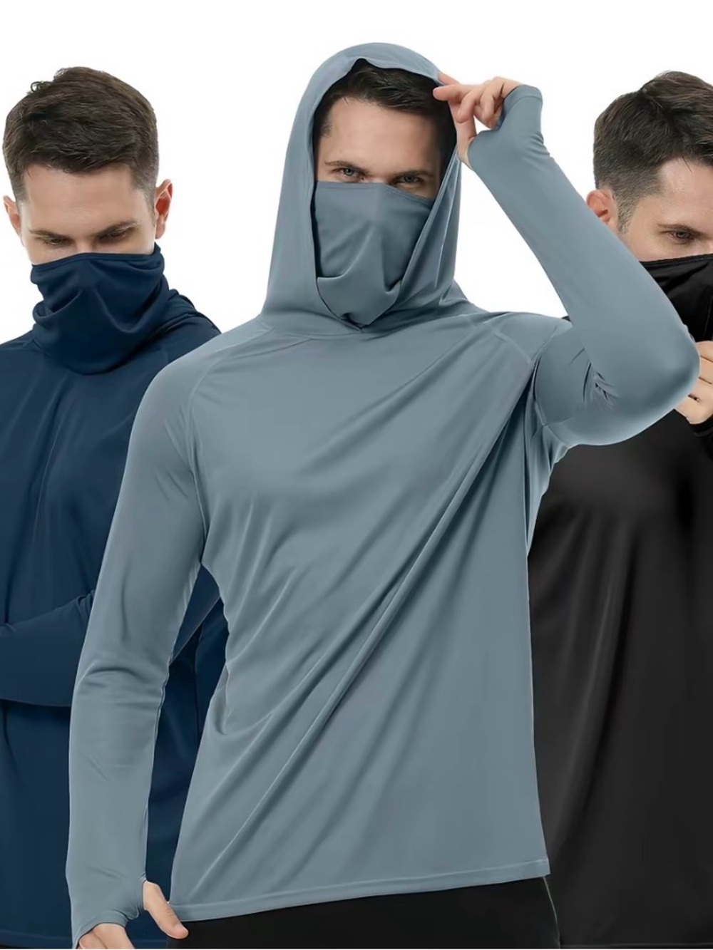 3 piece Men's Lightweight Hooded Face Cover Shirt - black, blue navy, and Grey